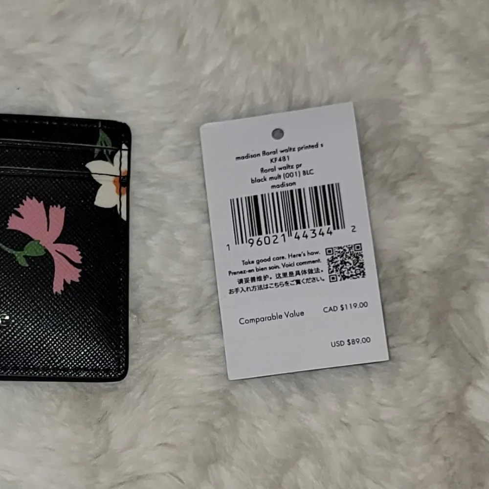 Kate Spade Madison Floral Waltz Printed Black Card Holder New $89